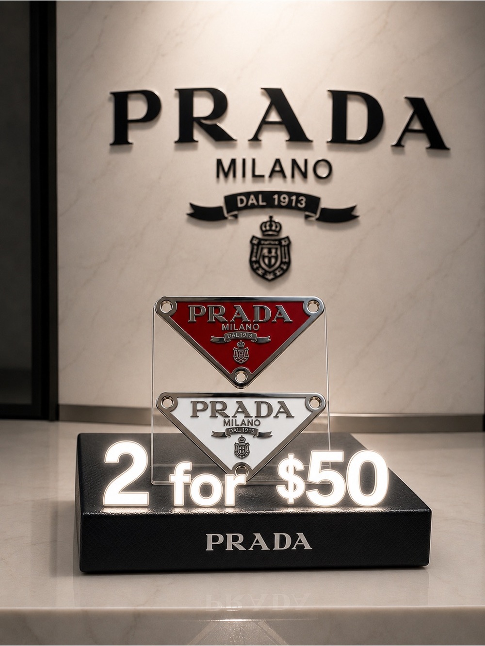 Prada Milano stamped Red & White Triangle Logo Charms/ Pendant/ Zipper pull